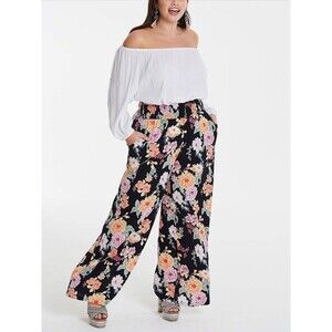Capsule Black Floral Crinkle Shirred Waist Wide Leg Palazzo Pants Plus Size 20